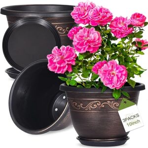Pottiffe 10 Inch Plastic Planters with Drainage, 3 Pack