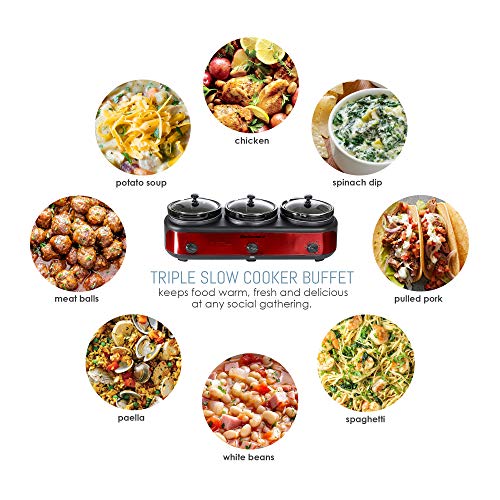 Elite Gourmet Triple Slow Cooker Buffet Server, Red - Image 5