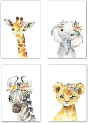 Designs by Maria Inc. Safari Nursery Decor Set, Flower Crown Watercolor Wall Art (8…)