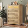 AOGLLATI 6 Drawer Rattan Wood Dresser With LED