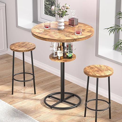 VECELO Bar Table And Chairs Set, Dark Brown