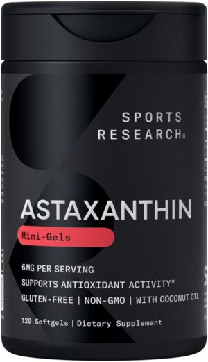 Sports Research Astaxanthin Supplement – Antioxidant Softgels, 6mg