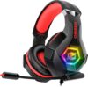 Ozeino Gaming Headset For PC, PS4, PS5, Xbox Headset With 7.1 Surround Sound, Gaming Headphones With Noise Cancelling Mic RGB Light Over Ear Headphones For Xbox Series X/S, Switch – Red